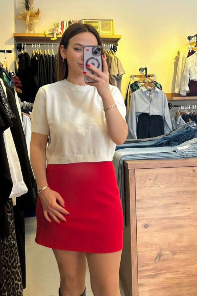 Ekru Renk Crop Yarım Kol Triko