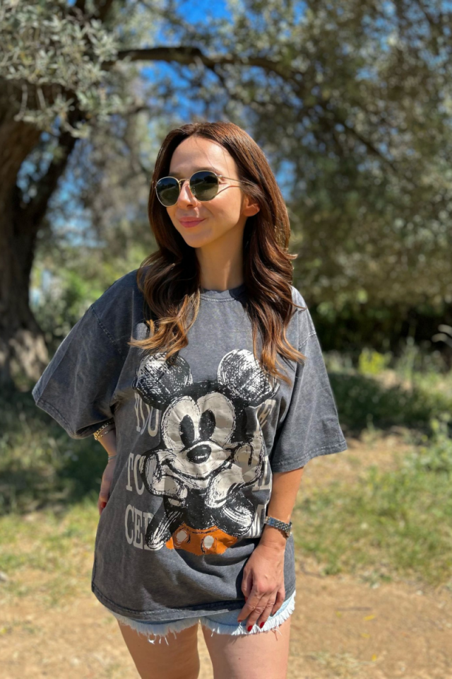 Mickey Mouse Baskılı Tshirt Gri Yıkamalı