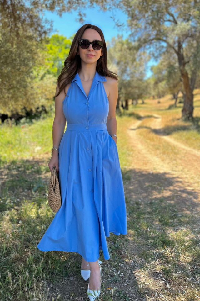 Bebe Mavi Gömlek Yaka Kolsuz Elbise