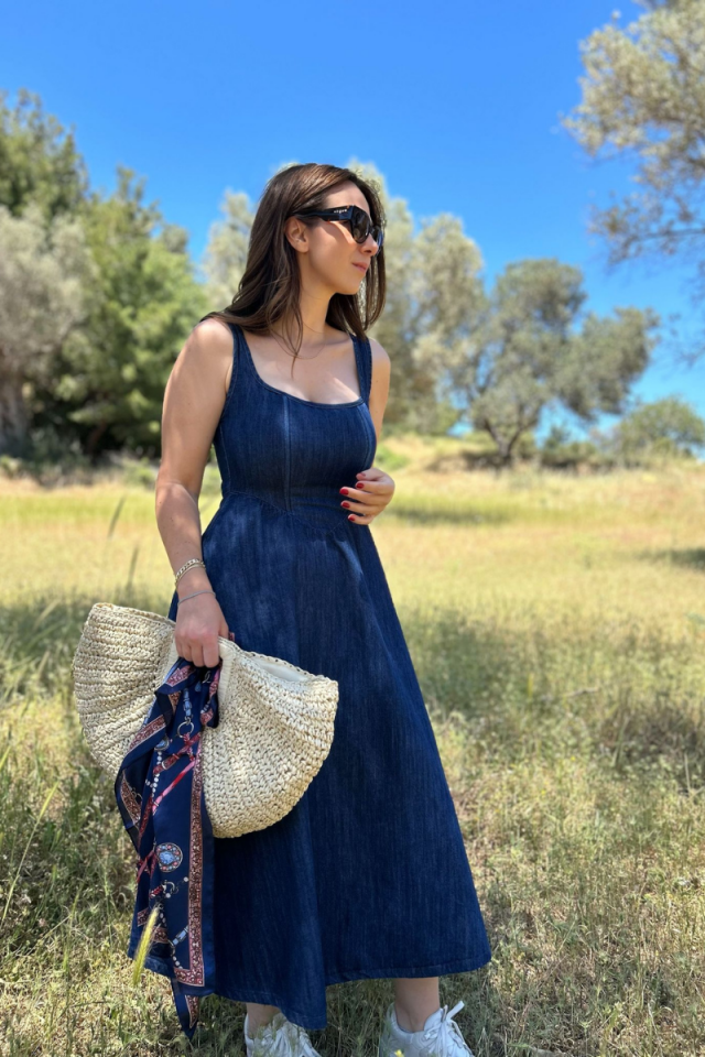 Denim Kolsuz Kloş Elbise