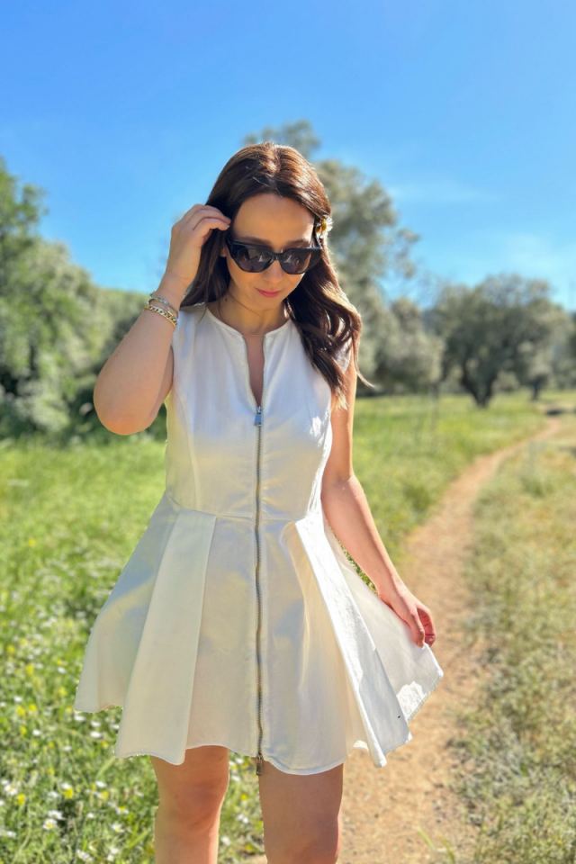 Önden Fermuarlı Pileli Mini Elbise