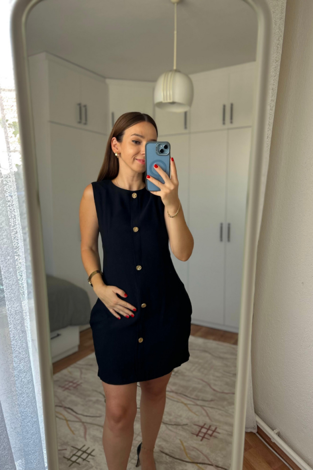 Önden Gold Düğme Detaylı Siyah Mini Elbise