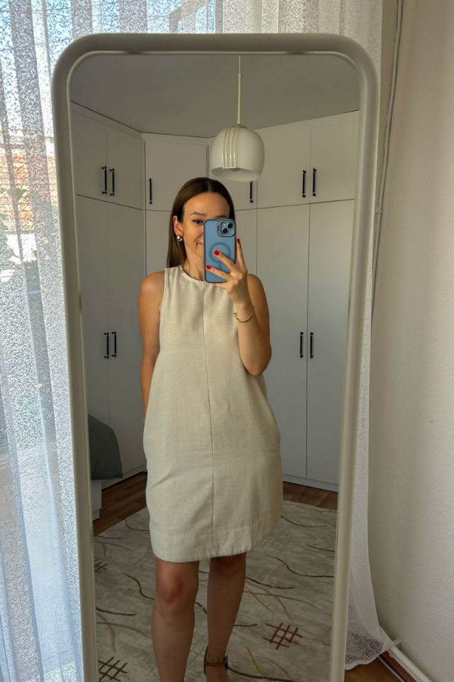 Naturel Renk Sıfır Yaka Kolsuz Keten Elbise