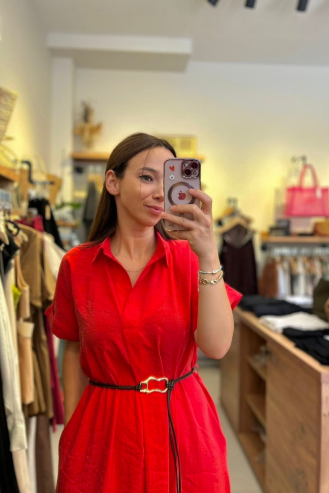 Gömlek Yaka Kırmızı Tensel Kumaş Midi Boy Elbise