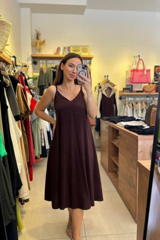 İp Askılı Bordo Tensel Kumaş Midi Boy Elbise