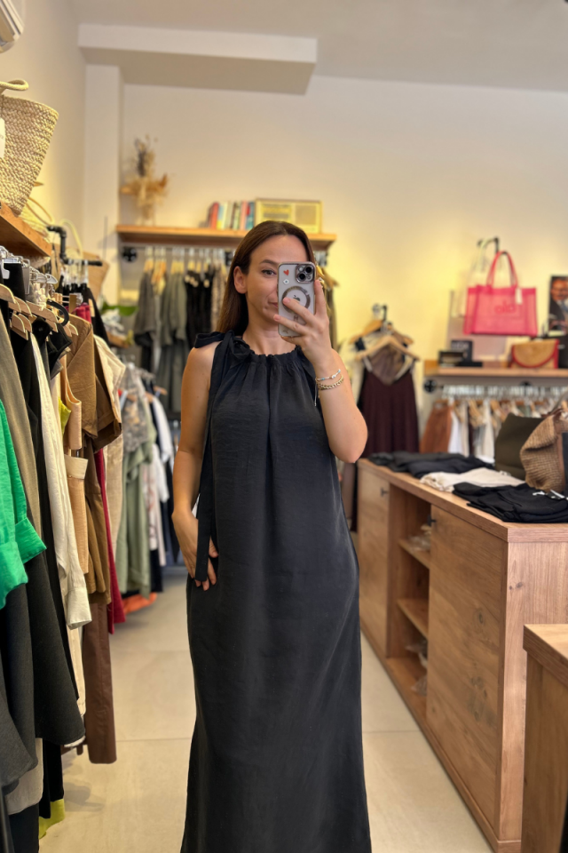 Halter Yaka Boyundan Ayarlanabilir Bağcıklı Maxi Boy Antrasit Elbise