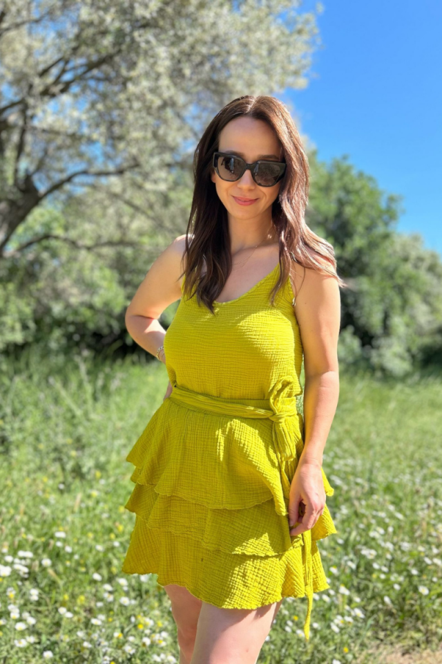 Müslin Kumaş Elma Yeşili İp Askılı Rahat Kesim Bluz