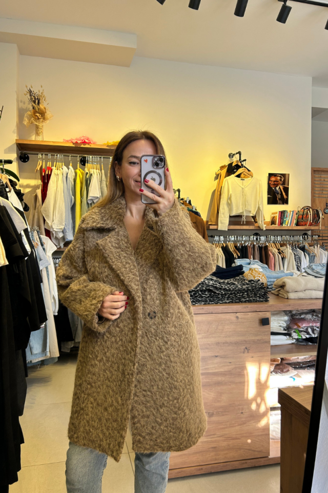 Keçe Kumaş Oversize Kahverengi Kırçıllı Kaban