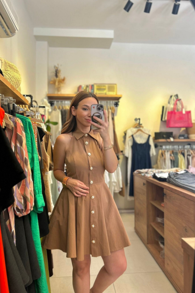 Kahve Önden Düğmeli Gömlek Yaka Kloş Mini Elbise