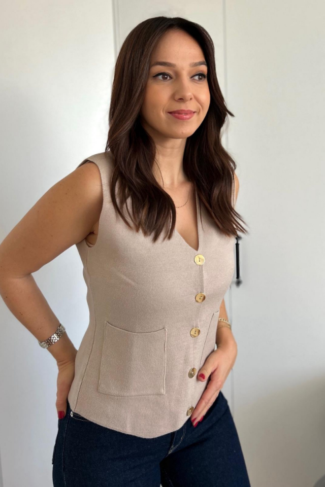 Bej Rengi Altın Sarı Düğmeli Kolsuz Yelek