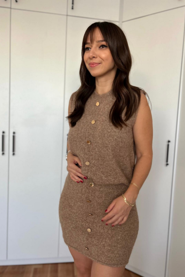 Taş Rengi Kaşmir Dokulu Gold Düğmeli Kolsuz Takım