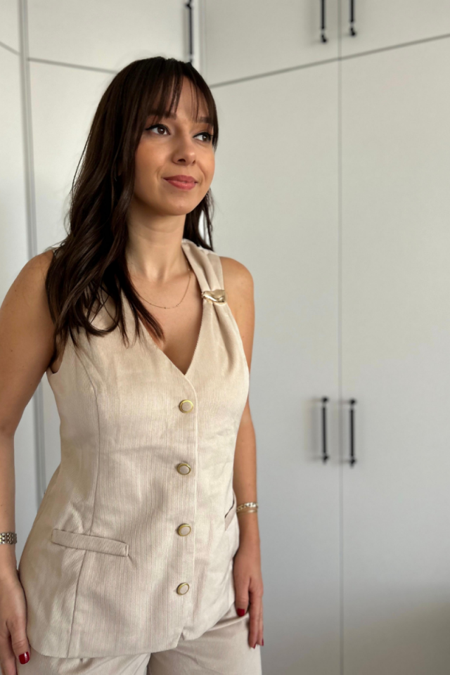 Ekru Fitilli Kadife Yakası Detaylı Yelek