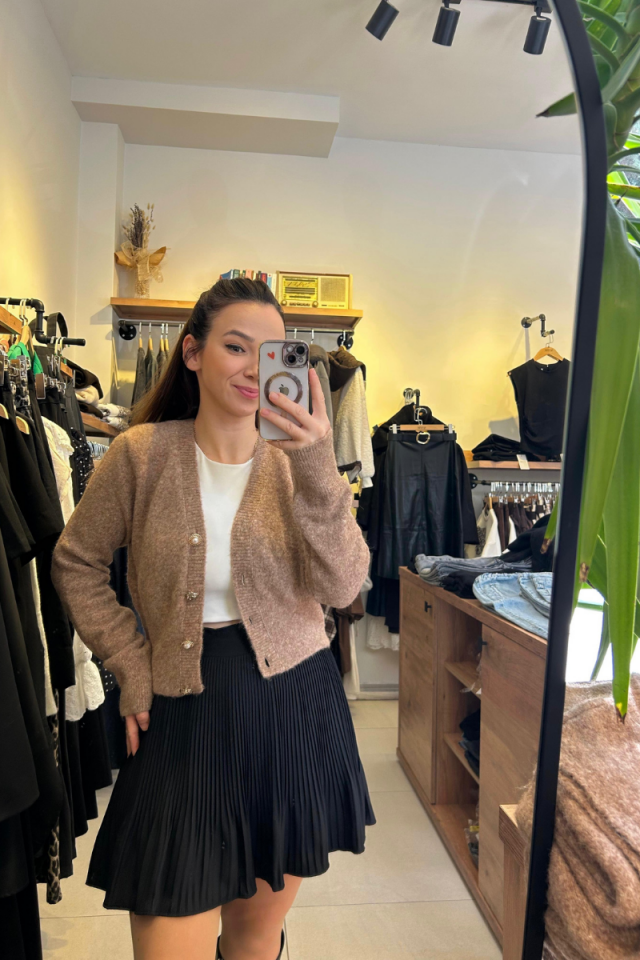 İnci Detay Düğmeli Yumoş Hırka Camel