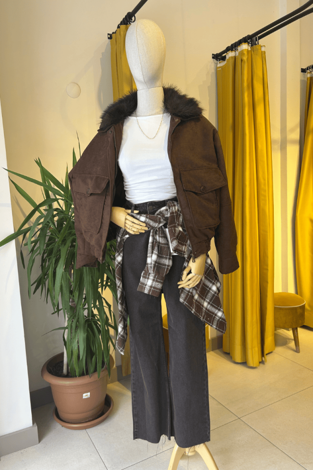 Yakası Kürk Detaylı Süet Casual Mont