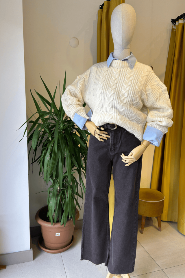 Saç Örgü Desenli Ekru Kazak