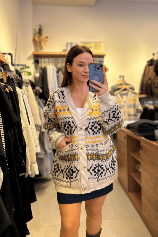 Etnik Desenli Kalın Oversize Hırka