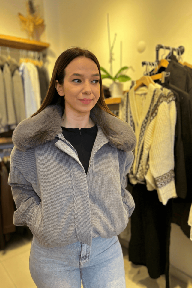 Gri Kaşe Kürklü Bomber Ceket