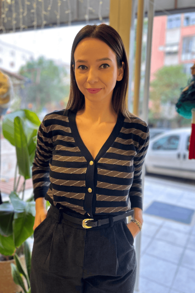 Lacivert Bej Çizgili Hırka