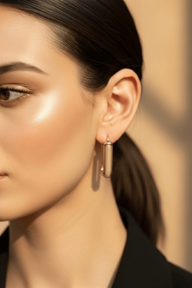 14 Ayar Altın Renginde Bej Dikdörtgen Halka Küpe