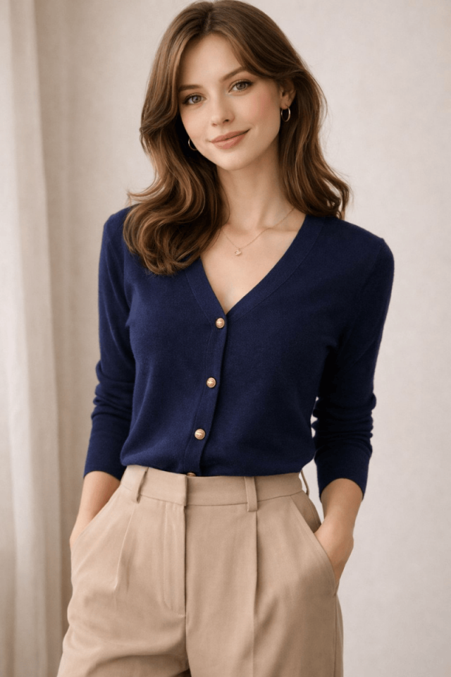 Altın Renk Düğmeli Hırka Lacivert