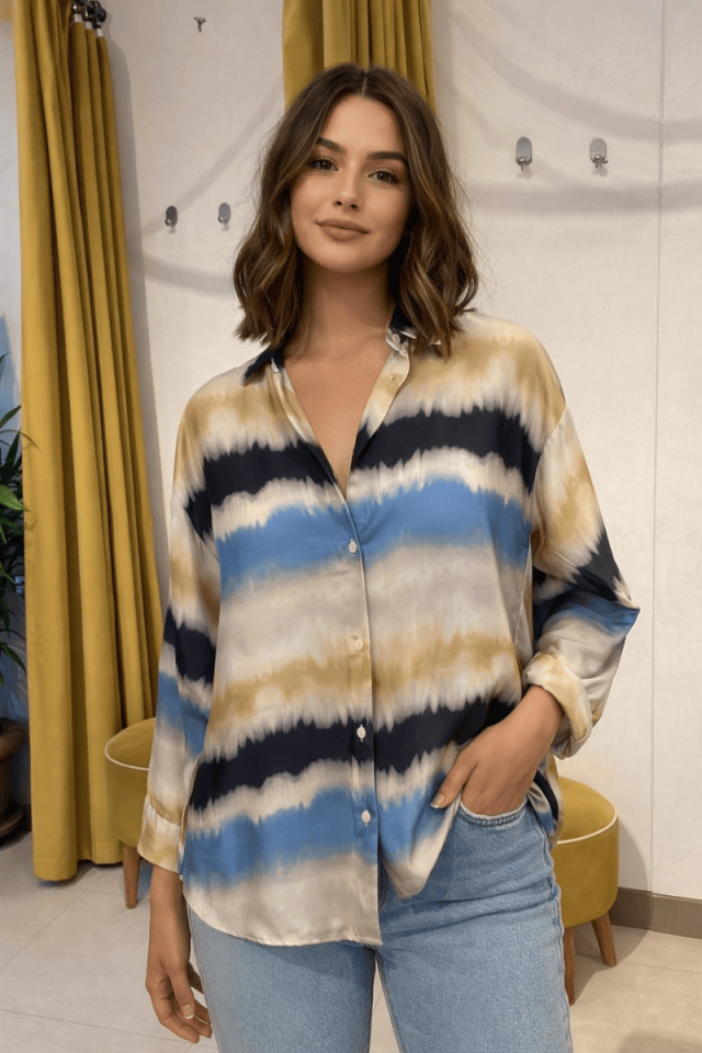 Sulu Boya Efektli Saten Gömlek